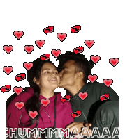 a man kissing a woman on the cheek with hearts around them and the words hummmmaaaa