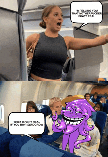 a cartoon of a woman on an airplane talking to a purple octopus