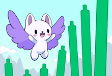 a cartoon of a cat with purple wings flying over green pillars