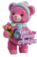 a pink teddy bear holding flowers with the words feliz lunes amigos