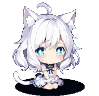 a girl with white hair and cat ears is sitting on the ground