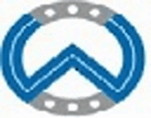 a blue horseshoe with a white arrow in the middle of it .