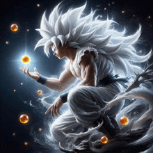 a painting of a man with long white hair holding a golden dragon ball