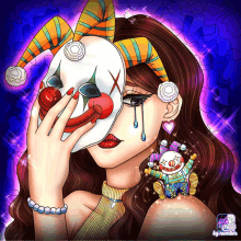 a drawing of a woman wearing a clown mask and earrings