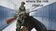 a robot holding a shotgun in a hallway with the words where the milk cleatus above it