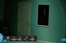 a screenshot of a video game shows a room with a door and a picture on the wall