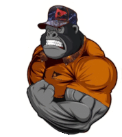 a cartoon gorilla wearing an orange shirt and a hat that says legends