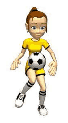 a cartoon girl is holding a soccer ball in her hand .