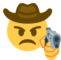 a cowboy smiley face is pointing a gun at the camera