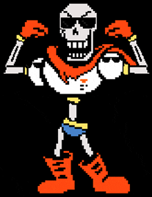 a pixel art of a skeleton wearing sunglasses and orange boots