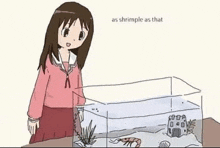 a cartoon of a girl standing next to a fish tank filled with shrimp .