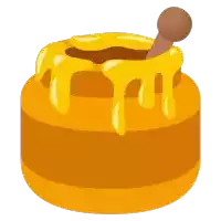 a cartoon illustration of a jar of honey with a wooden dipper sticking out of it