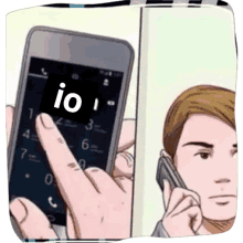 a man is talking on a cell phone with the word io on it