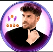 a man with purple hair and a beard is giving a thumbs up in a purple circle .