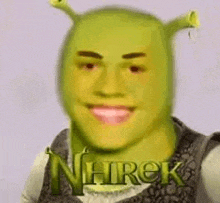 a man with shrek 's face on his face is smiling .