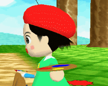 a cartoon character wearing a red hat is holding a palette of paint