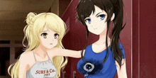 two anime girls are standing next to each other and one is wearing a surf & co shirt