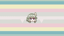 a cartoon of a girl with green hair and blue eyes is on a striped background .