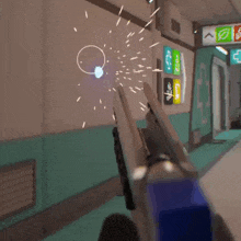 a person is holding a gun in a hallway in a video game while a bullet is flying through the air .