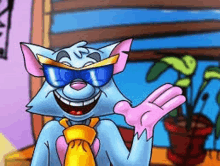 a cartoon cat wearing sunglasses and a tie is smiling and waving