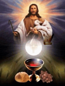 a painting of jesus holding a lamb next to a chalice of wine , bread , and grapes .