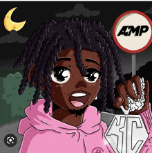 a cartoon drawing of a man with dreadlocks and a sign that says amp on it