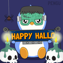 a penguin in a frankenstein costume holds a sign that says happy hallo