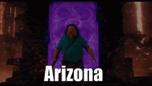 a man is standing in front of a portal that says arizona on it