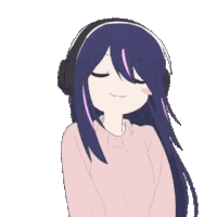 a girl with long purple hair wearing headphones and a pink sweater .