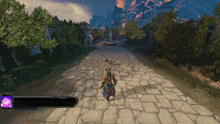 a video game character is walking down a cobblestone road