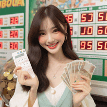 a woman holding a ticket and a bunch of money in front of a lottery board