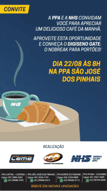 an advertisement for a nhs event with a cup of coffee and a croissant