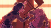 a girl is holding a chair over another girl in a cartoon