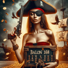 a woman in a pirate outfit holds a gun and a sign that says balon 168