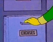 a cartoon character is opening a drawer that says excuses .