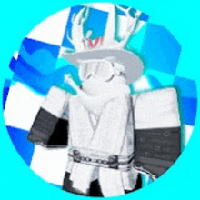 a white roblox character wearing a cowboy hat and sunglasses is in a circle .