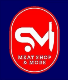 the logo for sm meat shop and more is a red circle with a white letter m inside of it .