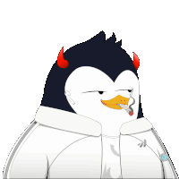 a penguin with red horns smoking a cigarette