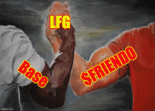 a painting of two men giving each other a fist bump with the words lfg base and $friendo written on the arm