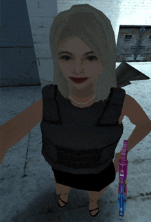 a woman in a black vest is holding a pink and blue gun