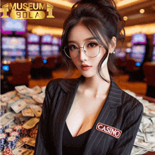 a woman wearing glasses and a suit with a casino patch on her jacket