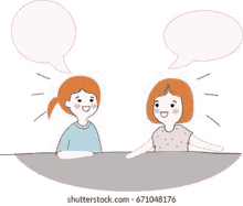 a boy and a girl are sitting at a table talking to each other with speech bubbles .