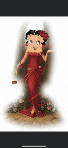 betty boop is wearing a red dress with the letter p on it