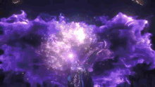 a person is standing in front of a purple background with a lot of purple smoke coming out of it .