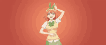 a girl with a green bow on her head is making a peace sign .