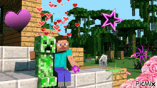 a picture of a creeper and steve in a minecraft game