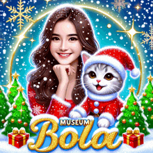 a woman and a cat wearing santa hats are on a poster for the museum bola