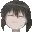 a pixel art of a person 's face with their eyes closed and black hair .