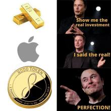 elon musk is pointing at a gold coin that says rodo token on it