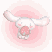 cinnamoroll is eating a strawberry on a pink background .